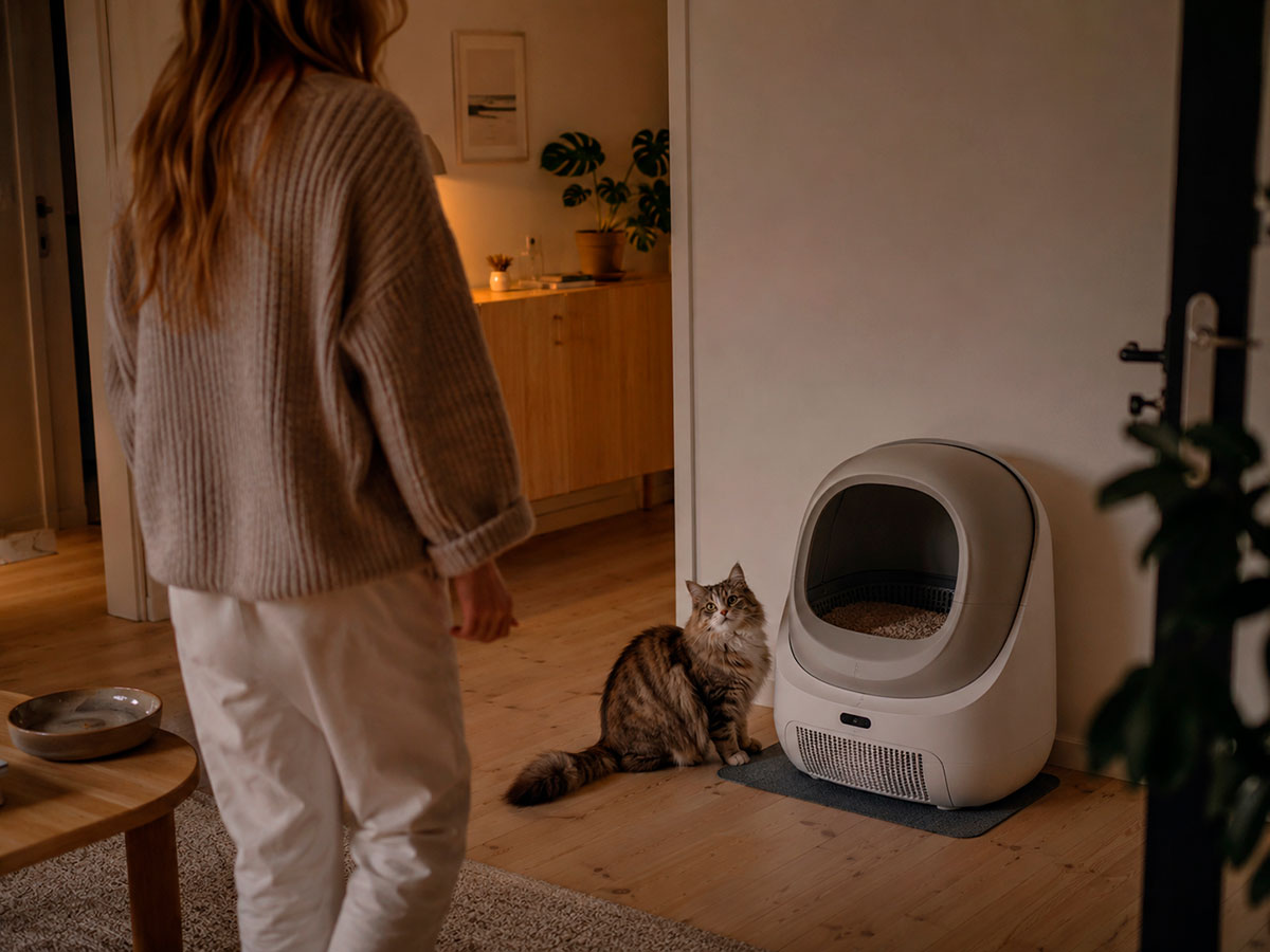 Automatisk kattebakke placeret i et roligt hjemmemiljø